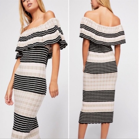 Free People Model Off-Duty Stretch Ribbed Dress Off The Shoulder - Picture 1 of 7